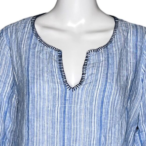 Artisan NY Shirt Womens Large Blue White Stripe Linen Bell Sleeve Boho Peasant - Picture 4 of 7